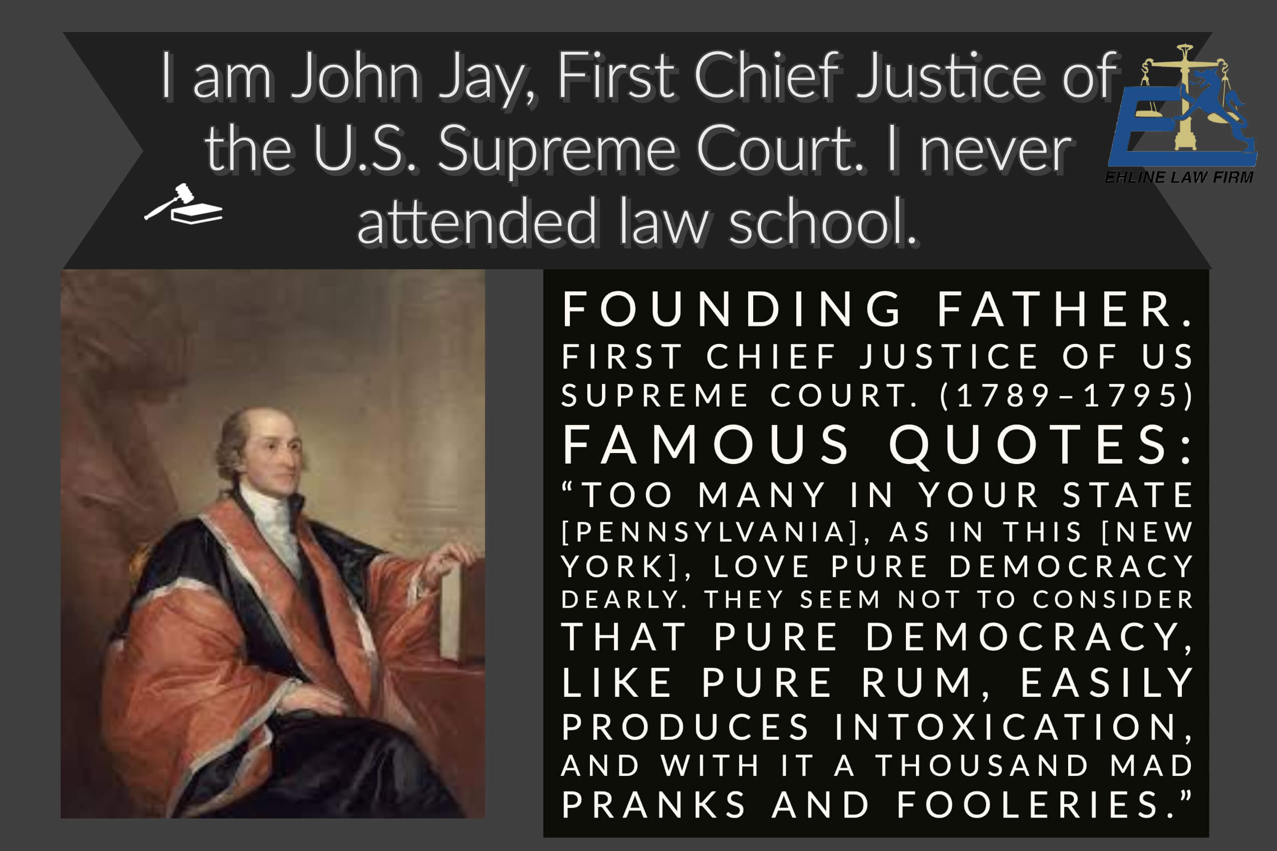 Injury lawyer infograph about John Jay never attending law school.