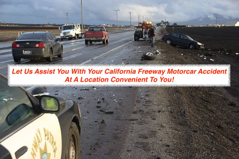 First responders assist spinal cord injury car accident victim spun out on the slick, wet road surface off the LA Freeway.