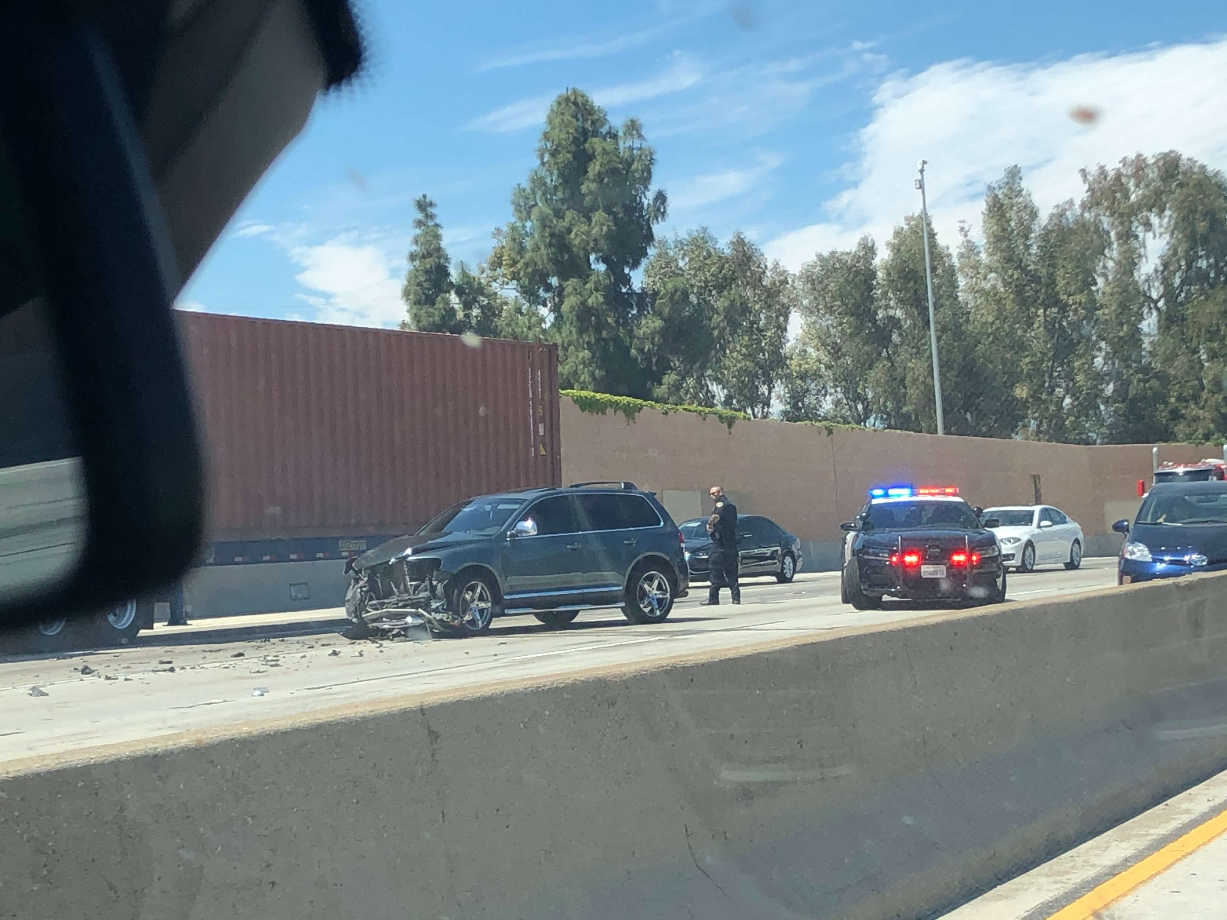 Serious injury front end damage to SUV on 405 freeway. Photo taken by Ehline Law Firm's Michael Ehline