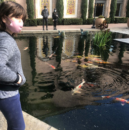 Little girl standing at Fashion Island KOI Pond