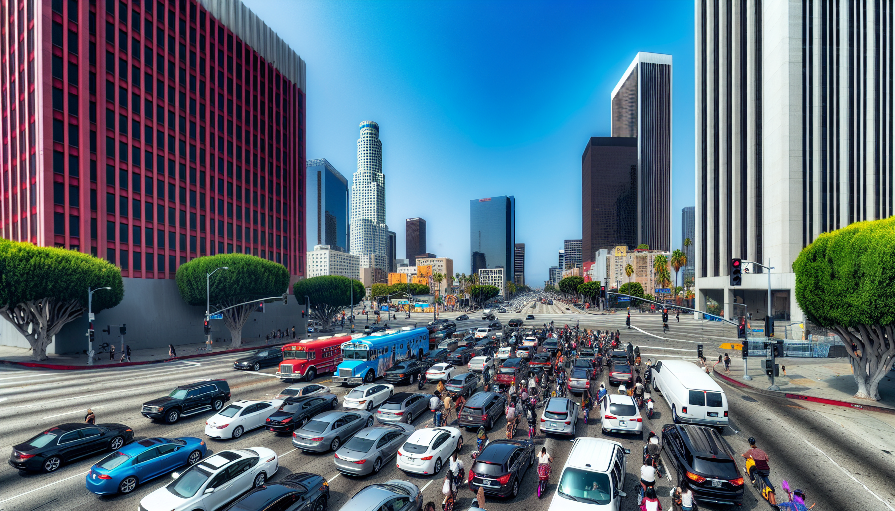 Busy downtown Los Angeles street with traffic and skyscrapers